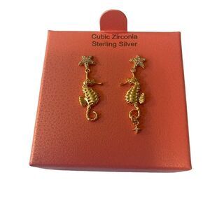 Rachel Zoe Sterling Silver & Cubic Zirconia Sea Horse Gold Toned Earrings.